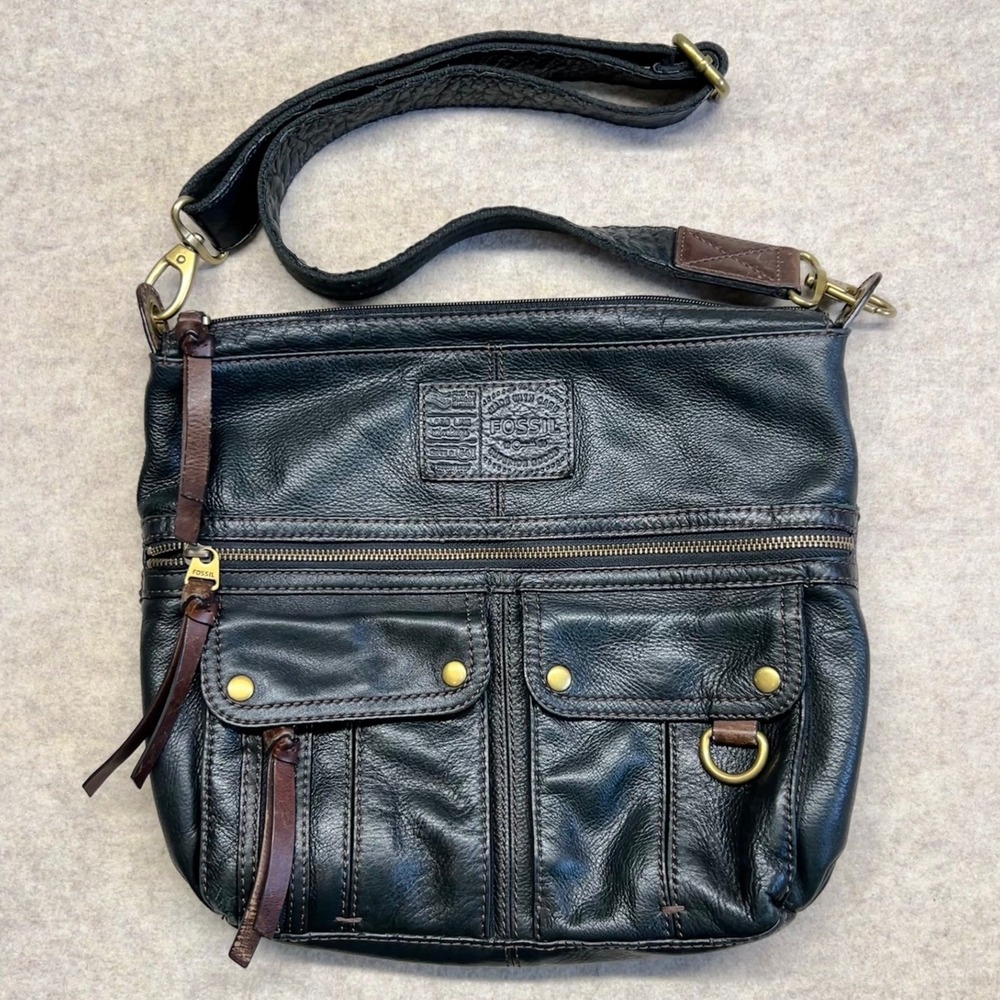 Fossil Morgan Traveler Messenger Crossbody Bag Black Pebbled Leather Vintage